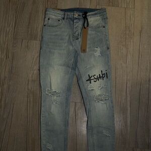 Ksubi Light Blue Distressed Skinny Jeans with Black Logo